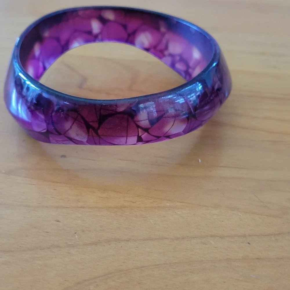 Purple Resin Bangle Bracelet Shell Mosaic Inlay Wide Domed 2.5 Inch